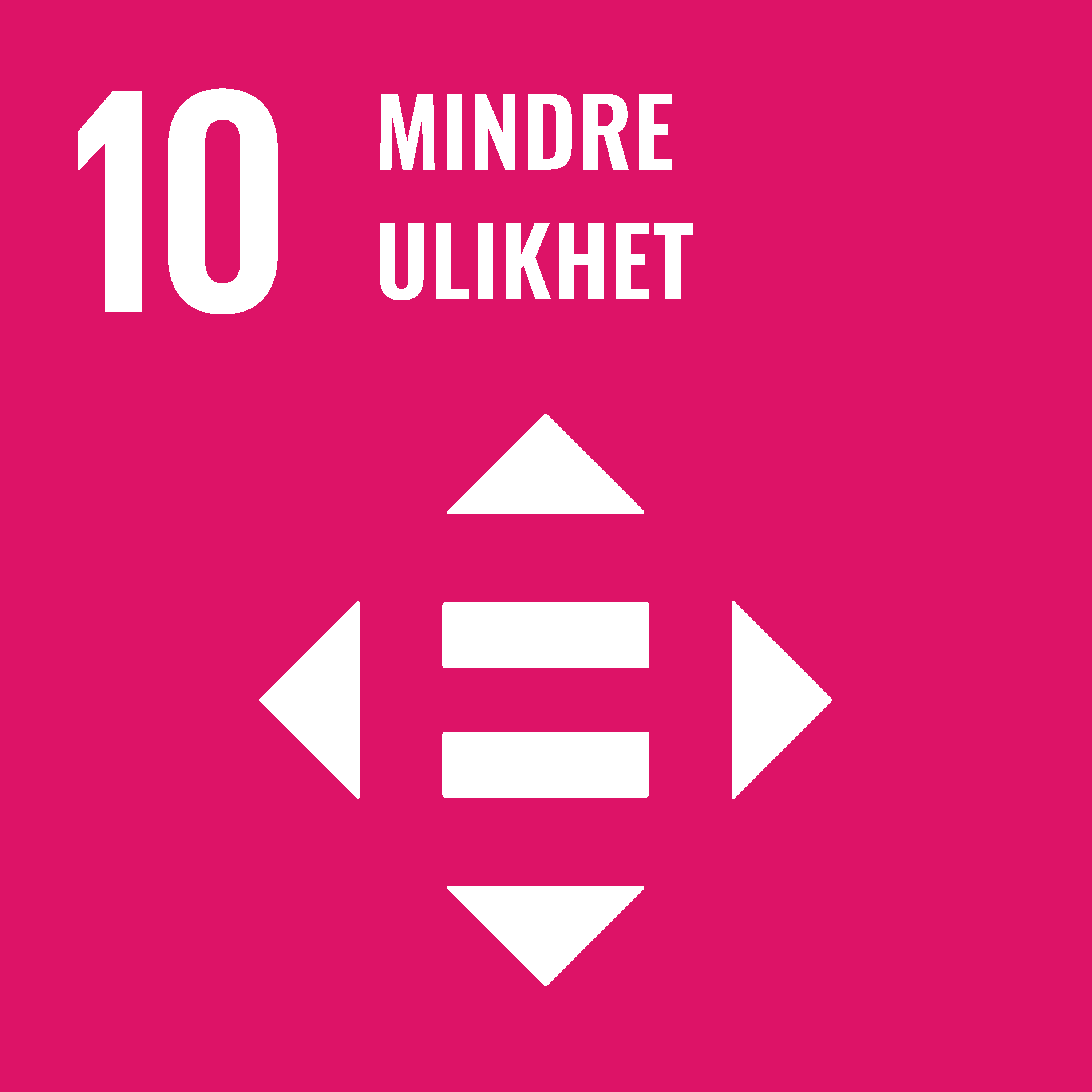 Grafikk med "10 mindre ulikhet" i hvit tekst på rosa bakgrunn, med et sentralt ikon med fire horisontale linjer og retningspiler på hver side.