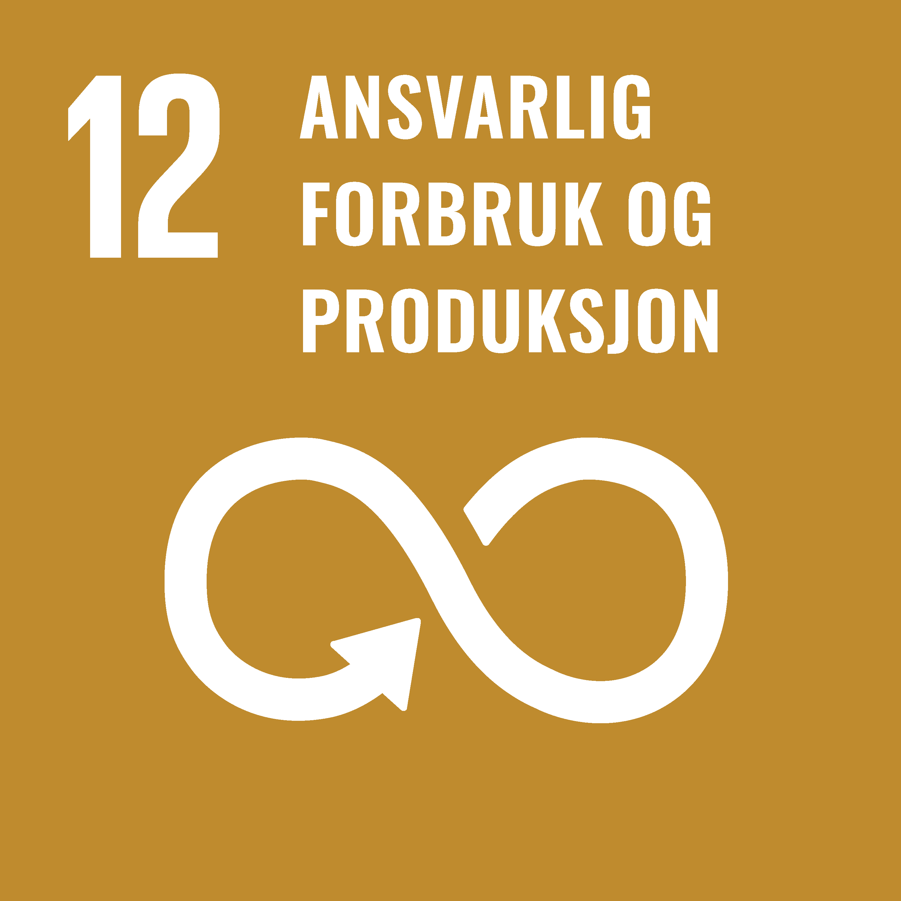 Ikon for u bærekraftig utvikling mål 12: ansvarlig forbruk og produksjon, med et uendelig symbol og teksten "ansvarlig forbruk og produksjon" på sennepsbakgrunn.