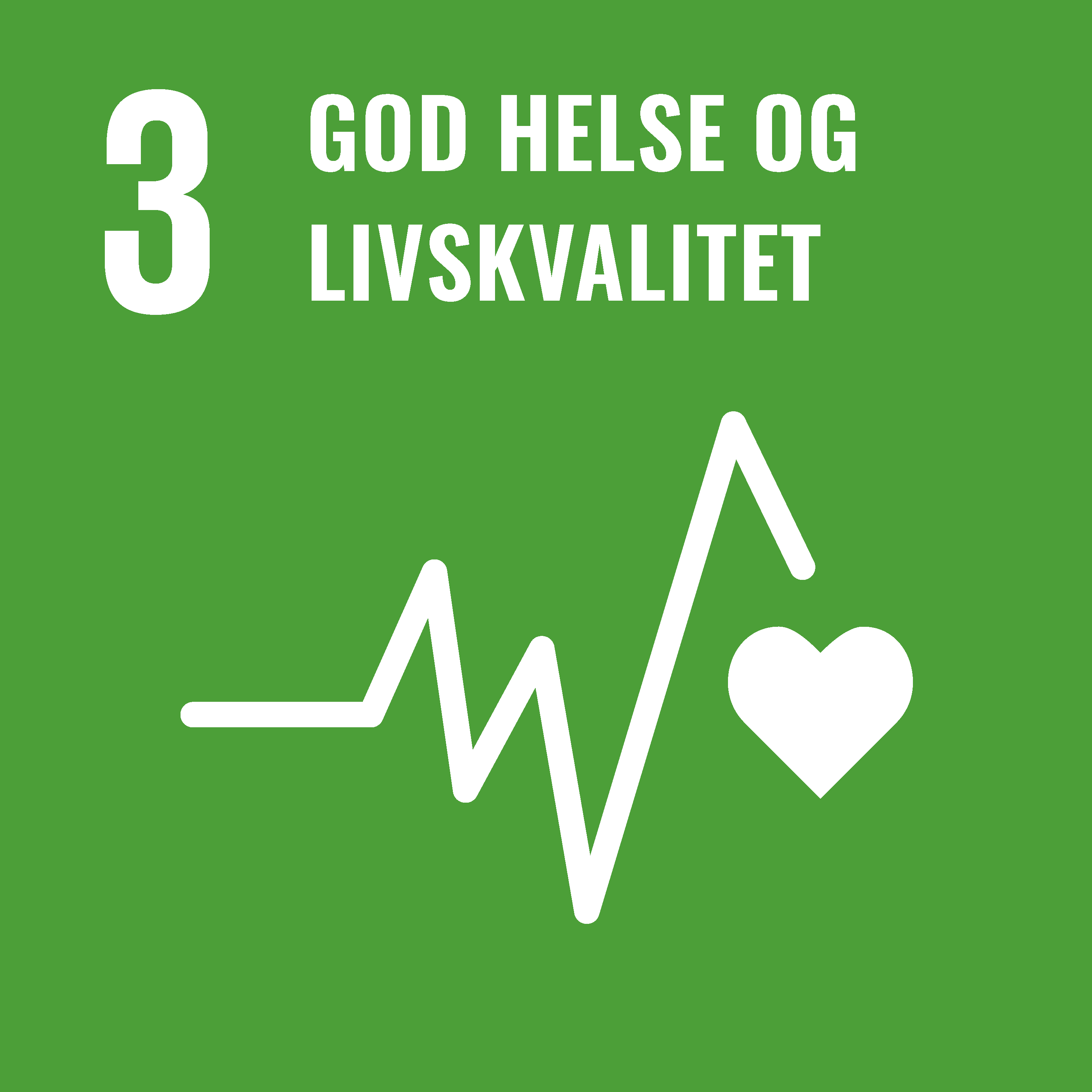 Grafikk som viser tallet 3, uttrykket "god helse og livskvalitet" i hvit tekst, og et hvitt ekg-hjerteslag med hjerteform, alt på grønn bakgrunn.