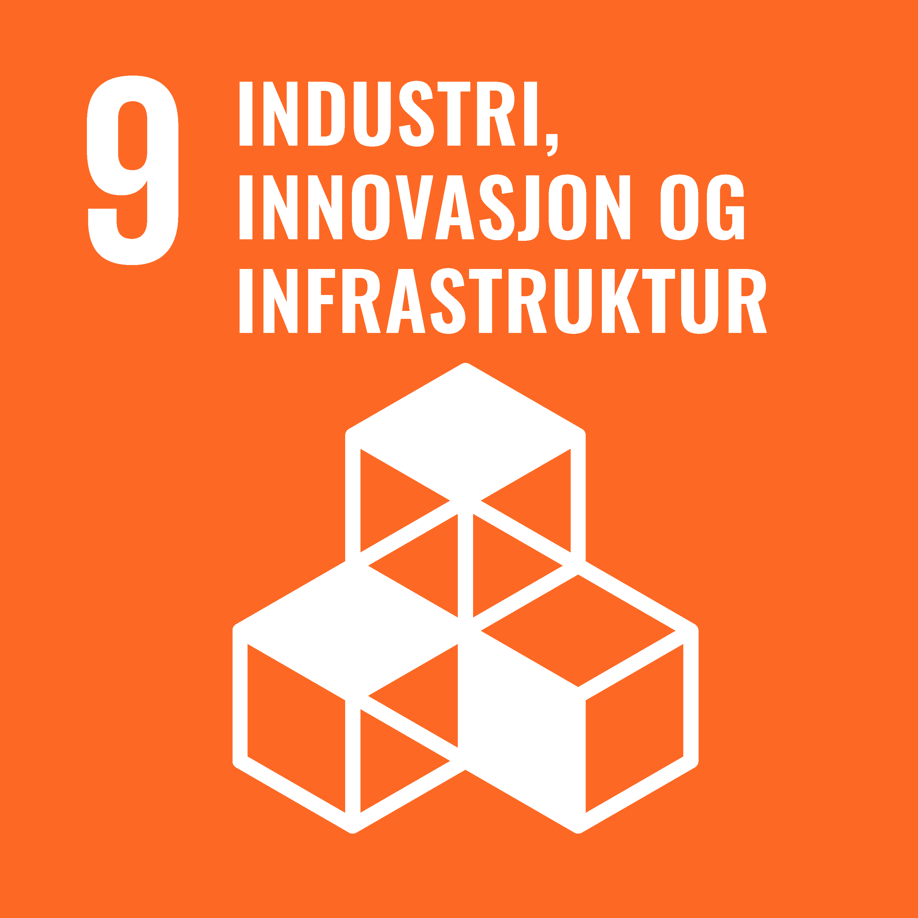 Grafikk av tre sammenkoblede hvite kuber på oransje bakgrunn, merket med "9 industri, innovasjon og infrastruktur" i hvit tekst.