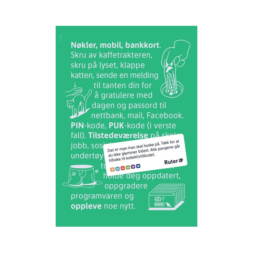 Grafisk plakat i grønt med tekst om sikkerhetstiltak for nøkler, mobiltelefoner og bankkort, sammen med strektegninger av nøkkel, mobiltelefon og kort.