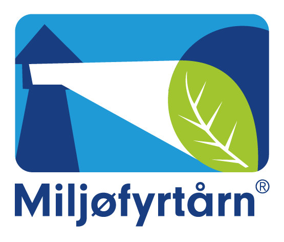 Logo for miljøfyrtärn, med et stilisert blad inne i en retningspil på blå bakgrunn med hvit tekst.