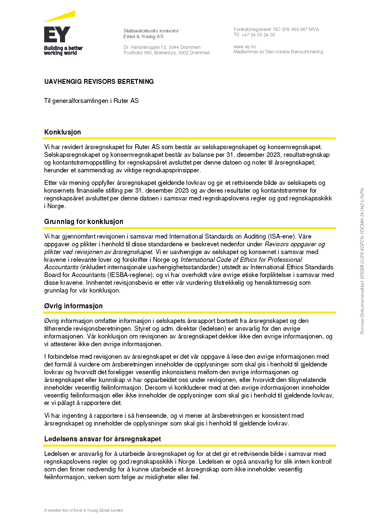 Bilde som viser en detaljert revisjonsrapport av Ernst & Young for ruter as, inkludert avsnitt om styring, regnskap og kontrollmiljø.