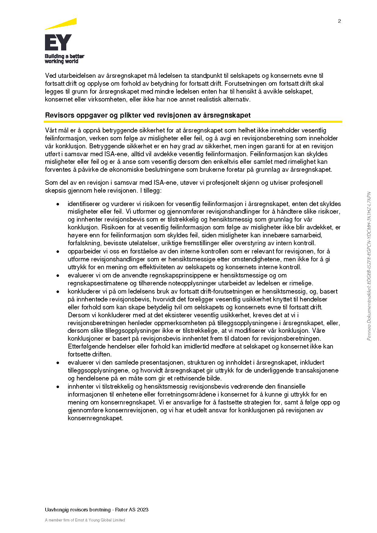 Side to i et dokument med ernst & young (ey)-logoen øverst, med tettpakket tekst og flere punktpunkter, formatert som en offisiell virksomhets- eller revisjonsrapport.