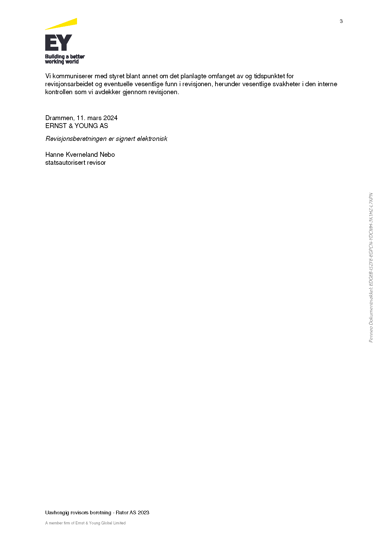 Dette bildet viser et dokument med tittelen «ey building a better working world», inkludert et avsnitt om regelverk og en signatur fra hanne kverneland nebbo, datert 11. mars 2024.