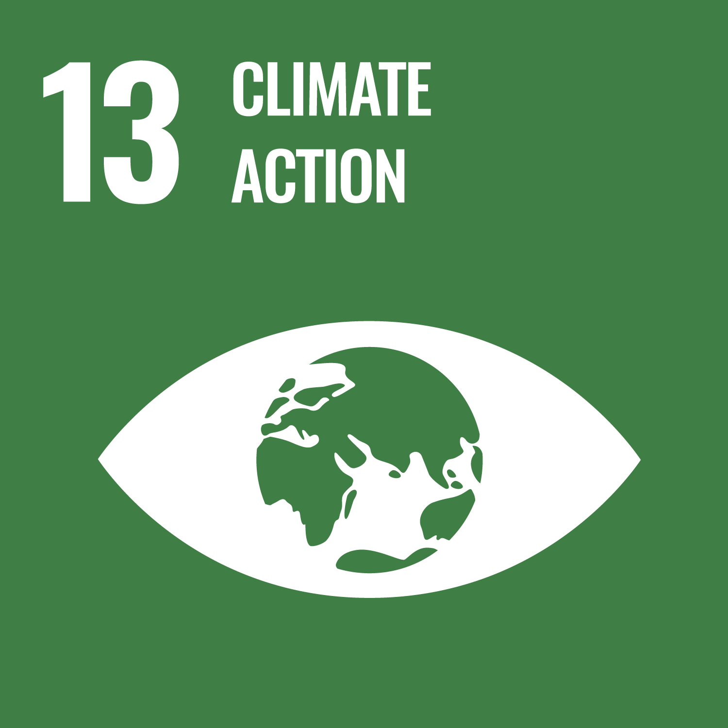 Grønt bakgrunnsbilde med tallet 13, ordene "Climate Action" og en illustrasjon av en klode innenfor en øyeformet kontur, som indikerer FNs bærekraftsmål 13.